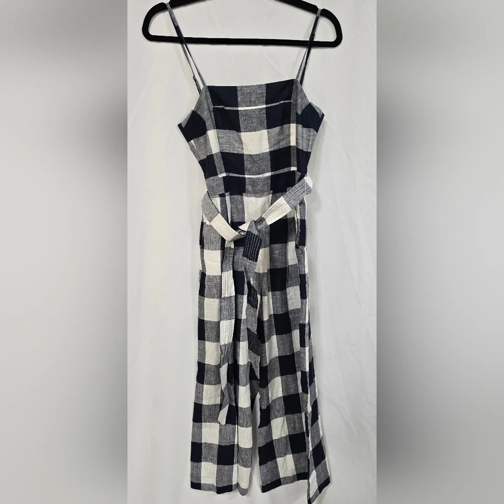 J.‎ Crew 00 gingham beauchamps 100% linen strappy jumpsuit, wide leg, tie-waist